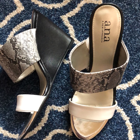 A.N.A. Black and white wedge heel two band sandal; one snake skin band - Picture 2 of 5